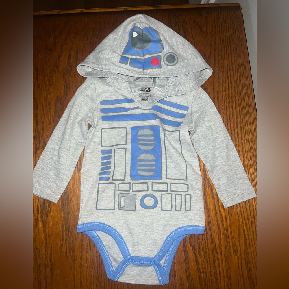 Star Wars Gray & Blue R2-D2 Baby Hoodie Onesie.